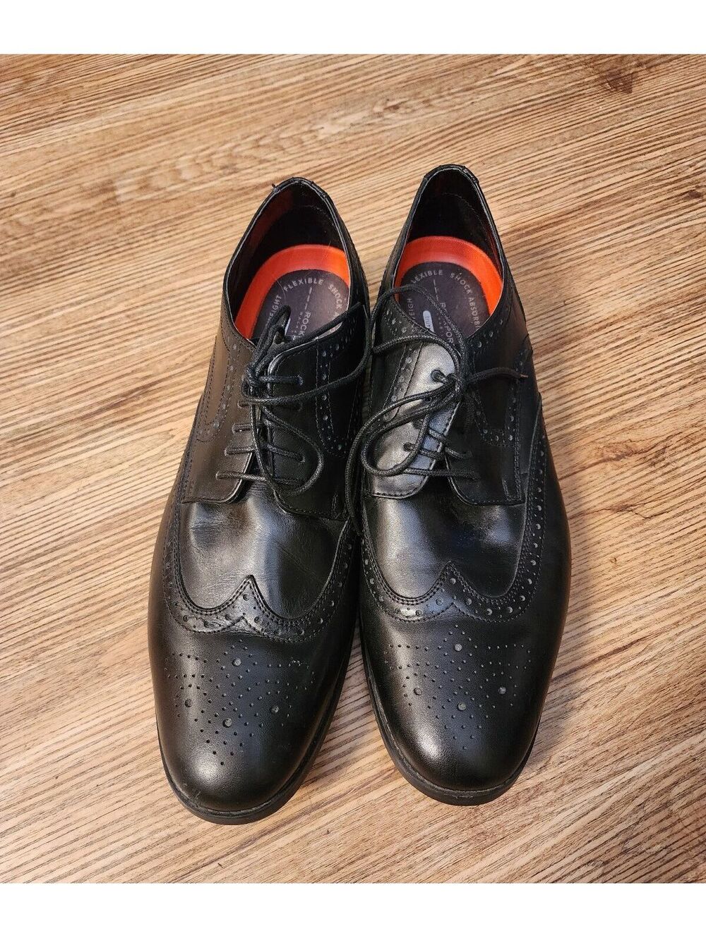 Size 14  Rockport Black Leather Wingtip Dress Shoes with Shock Absorbing Insole